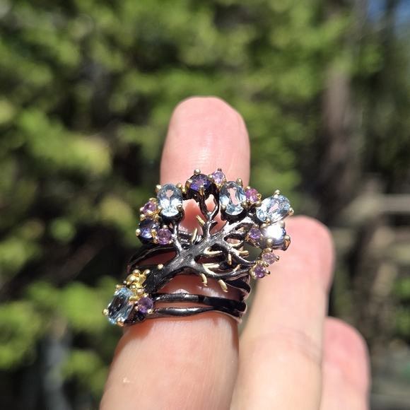 πHOST PICK π Blue Topaz Lolite & Amethyst Sterling Rhodium & Gold ring sz6.75 - Picture 9 of 13